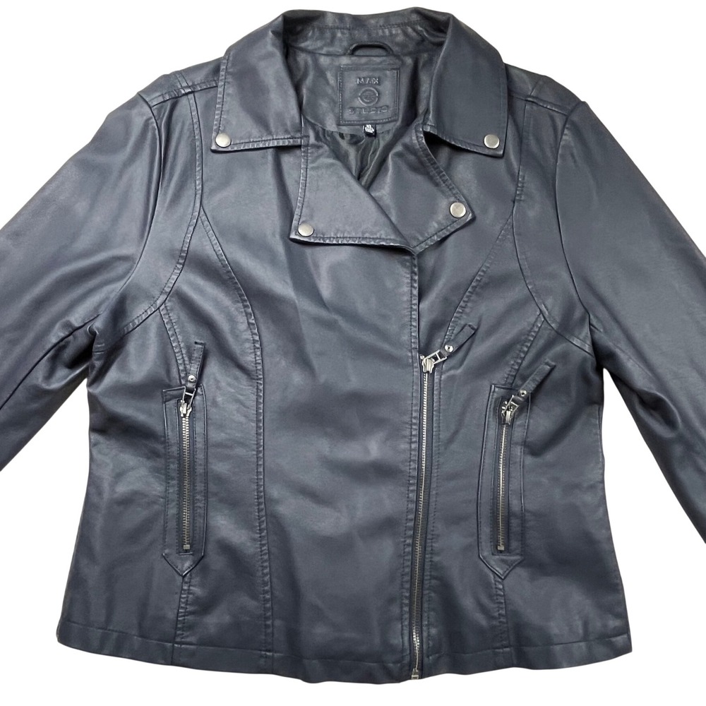 Max Studio Womens Navy Blue Faux Leather Moto Jacket Size XL Zip Up